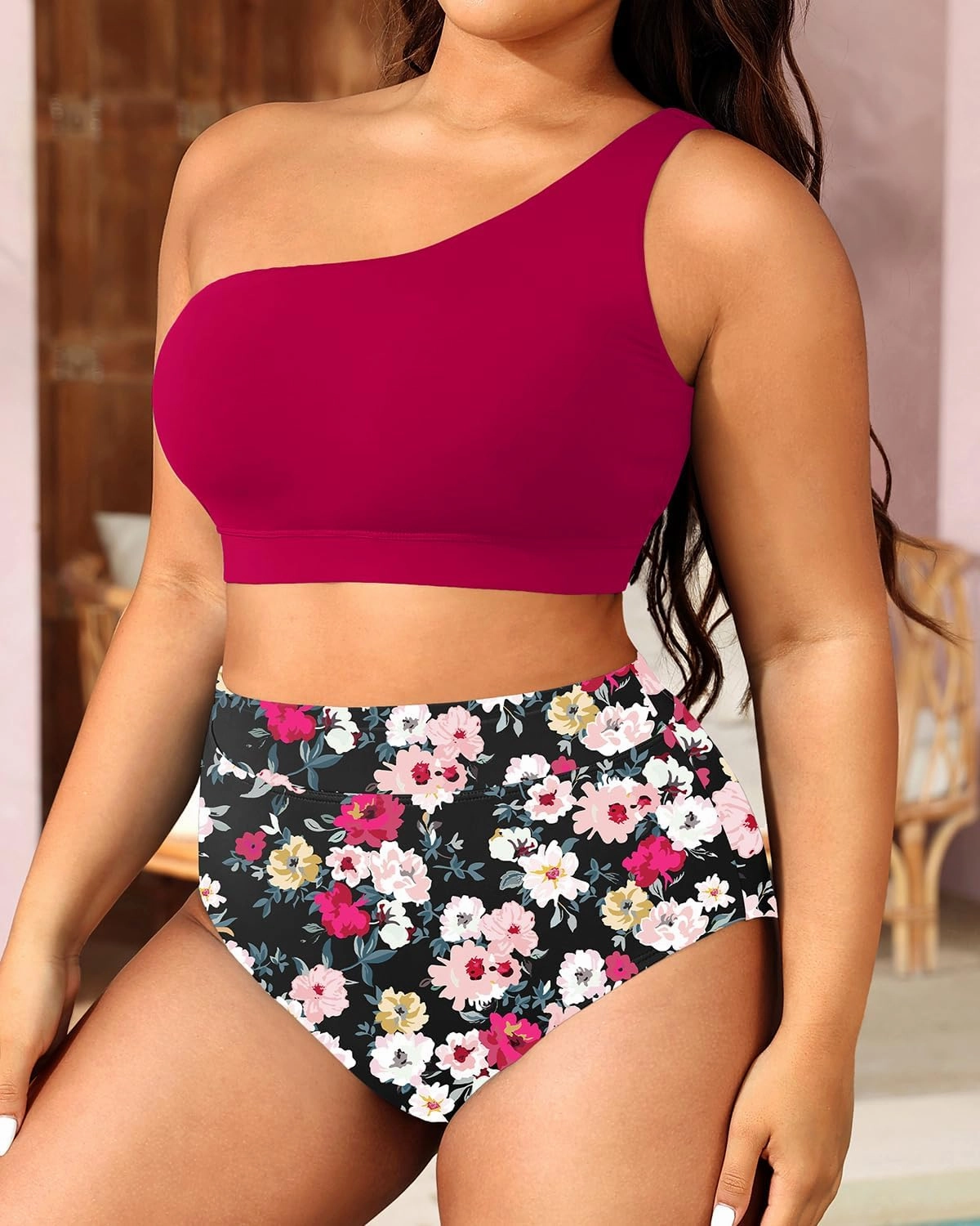 Tempt Me Women Plus Size High Waisted Bikini Two Piece One Shoulder Swimsuit