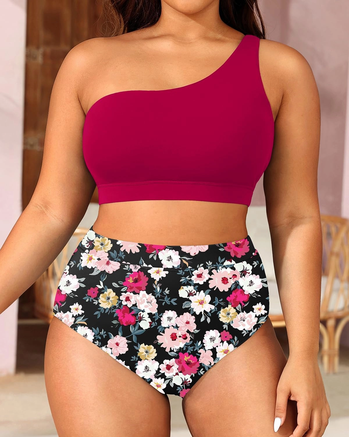 Tempt Me Women Plus Size High Waisted Bikini Two Piece One Shoulder Swimsuit