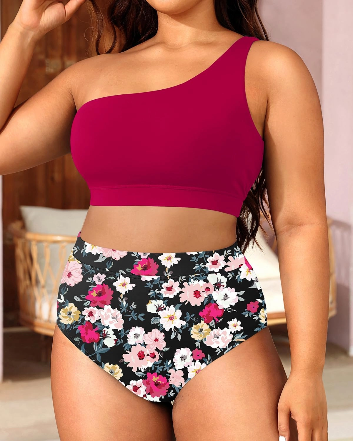 Tempt Me Women Plus Size High Waisted Bikini Two Piece One Shoulder Swimsuit