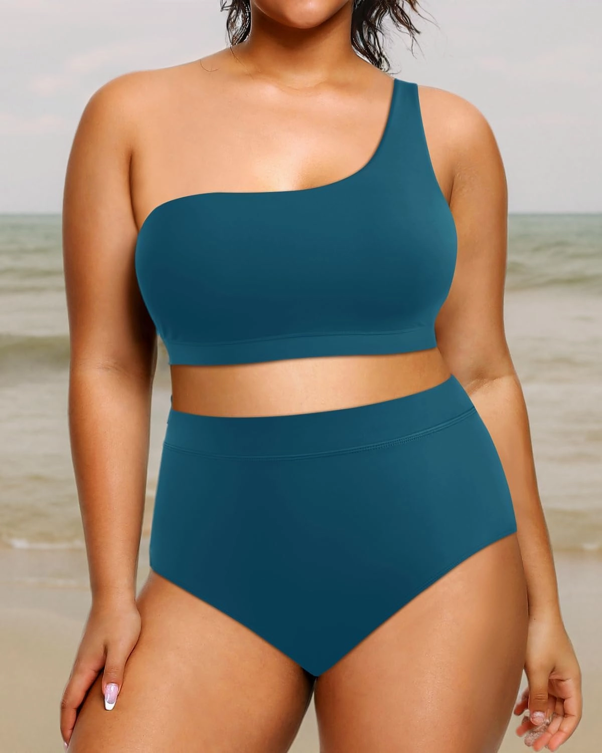 Tempt Me Women Plus Size High Waisted Bikini Two Piece One Shoulder Swimsuit