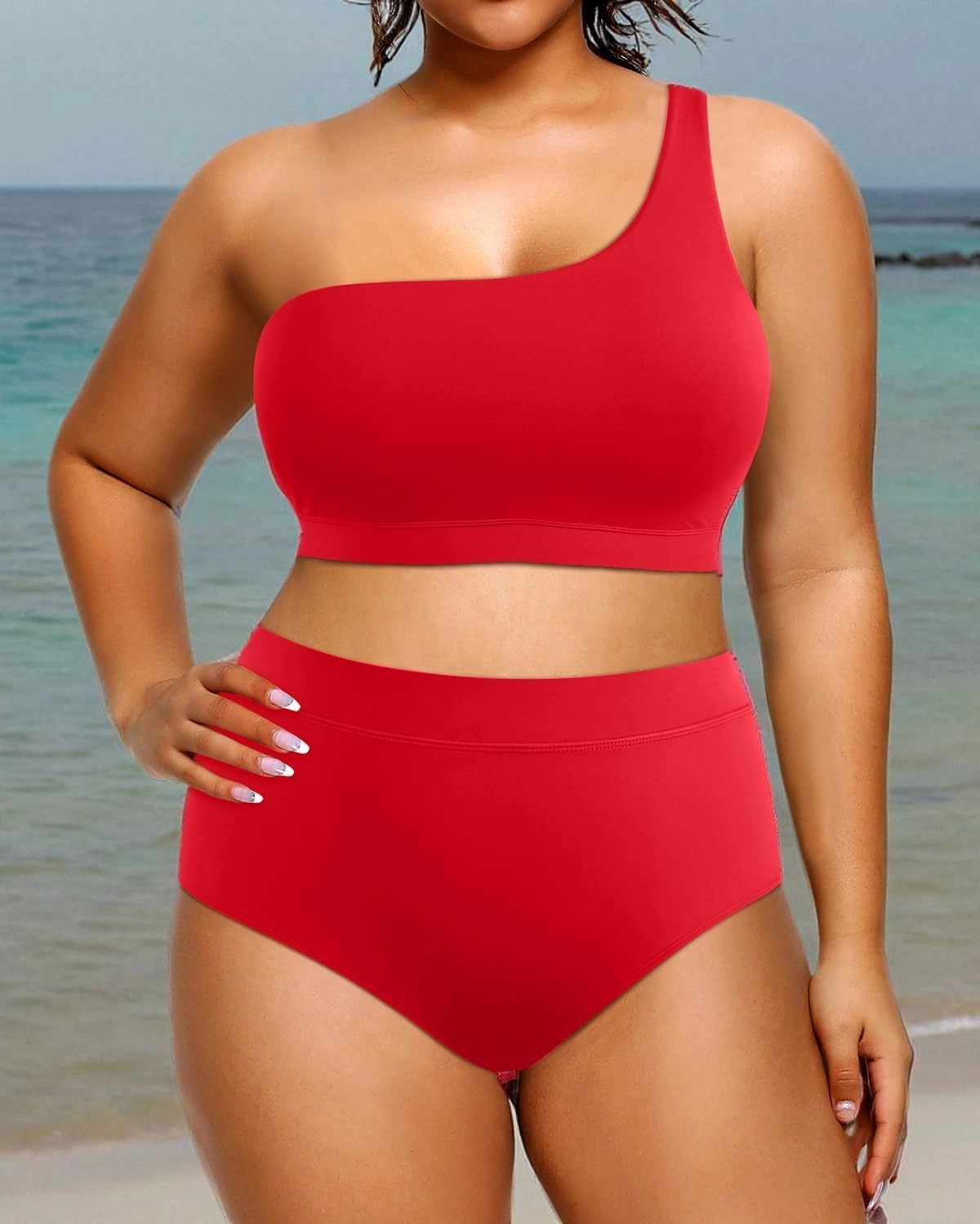Tempt Me Women Plus Size High Waisted Bikini Two Piece One Shoulder Swimsuit