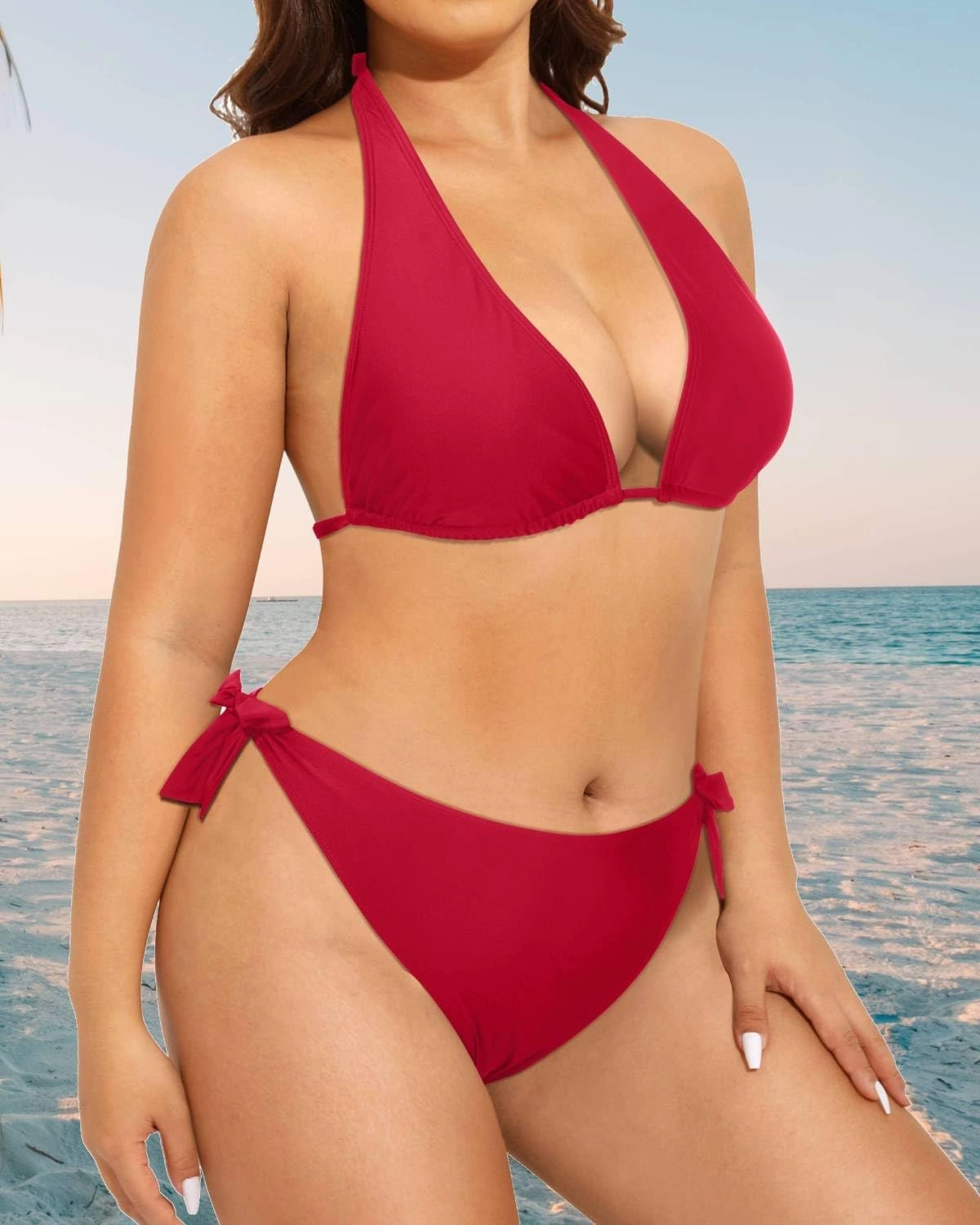 Tempt Me Women Plus Size Triangle Bikini Halter Two Piece Swimsuit Sexy Tie Side Bathing Suits