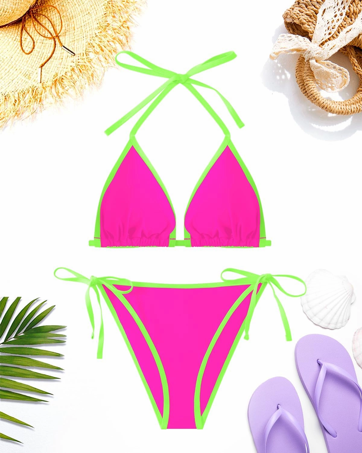 Tempt Me Women Plus Size Triangle Bikini Sets String Two Piece Halter Swimsuits with Tie Side Bottom