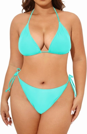 Tempt Me Women Plus Size Triangle Bikini String Two Piece Halter Tie Side Swimsuit