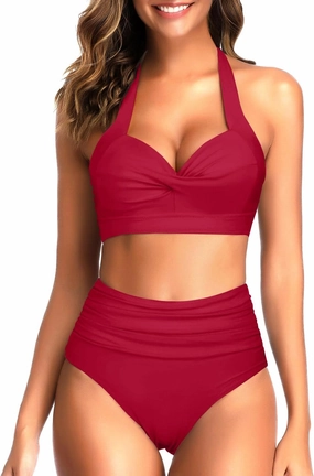 Tempt Me Women Two Piece Vintage Swimsuit Retro Halter Ruched High Waist Bikini with Bottom