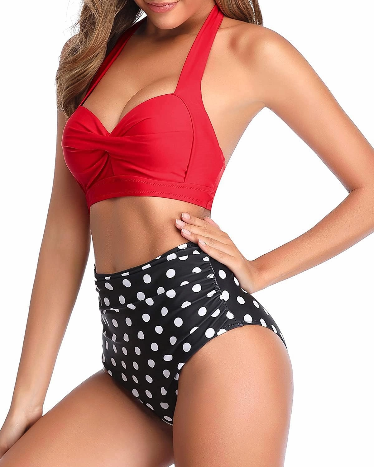 Tempt Me Women Two Piece Vintage Swimsuit Retro Halter Ruched High Waist Bikini with Bottom