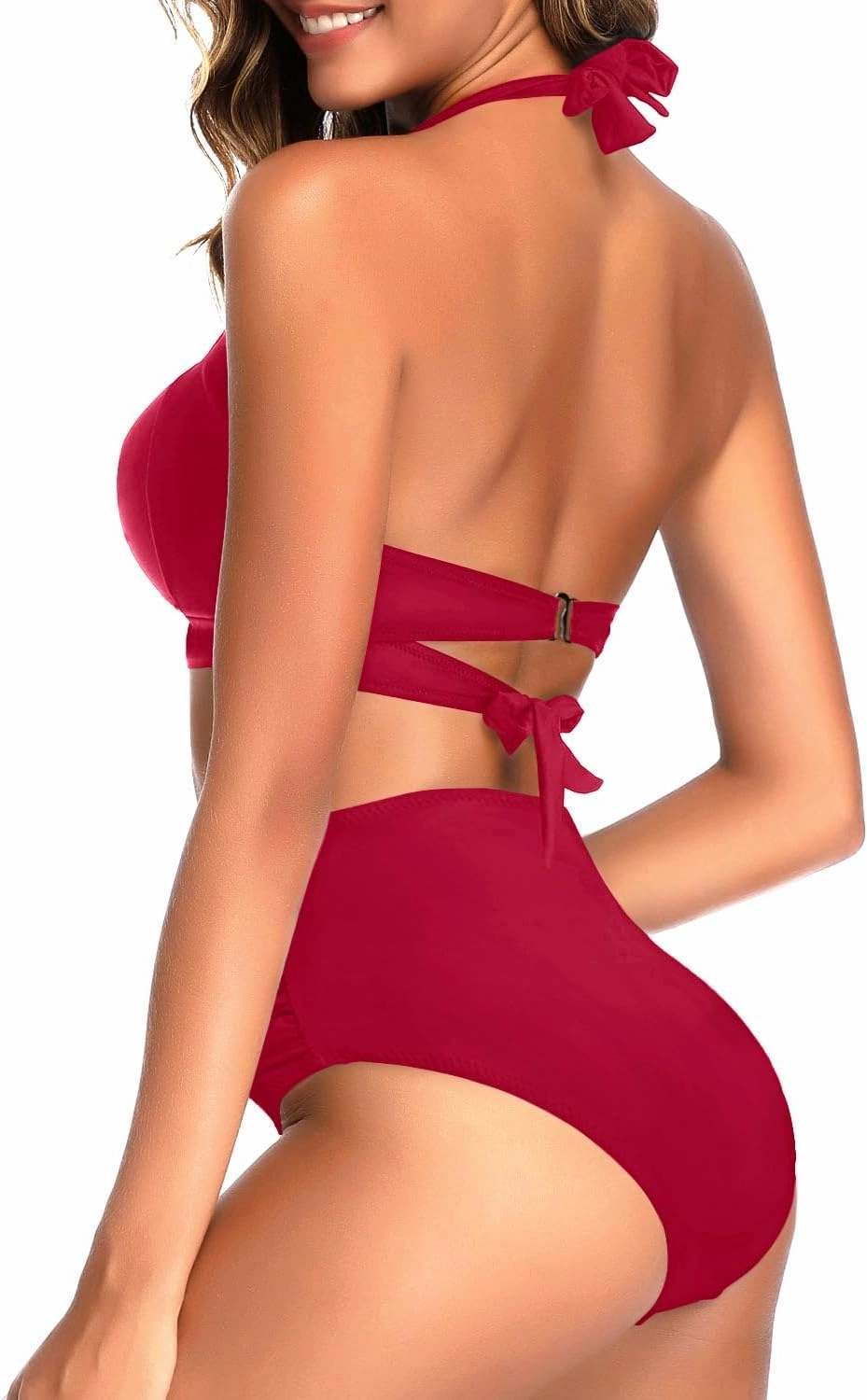 Tempt Me Women Two Piece Vintage Swimsuit Retro Halter Ruched High Waist Bikini with Bottom