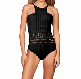 Tough Luxe Textured High Neck One Piece Swimsuit In Black