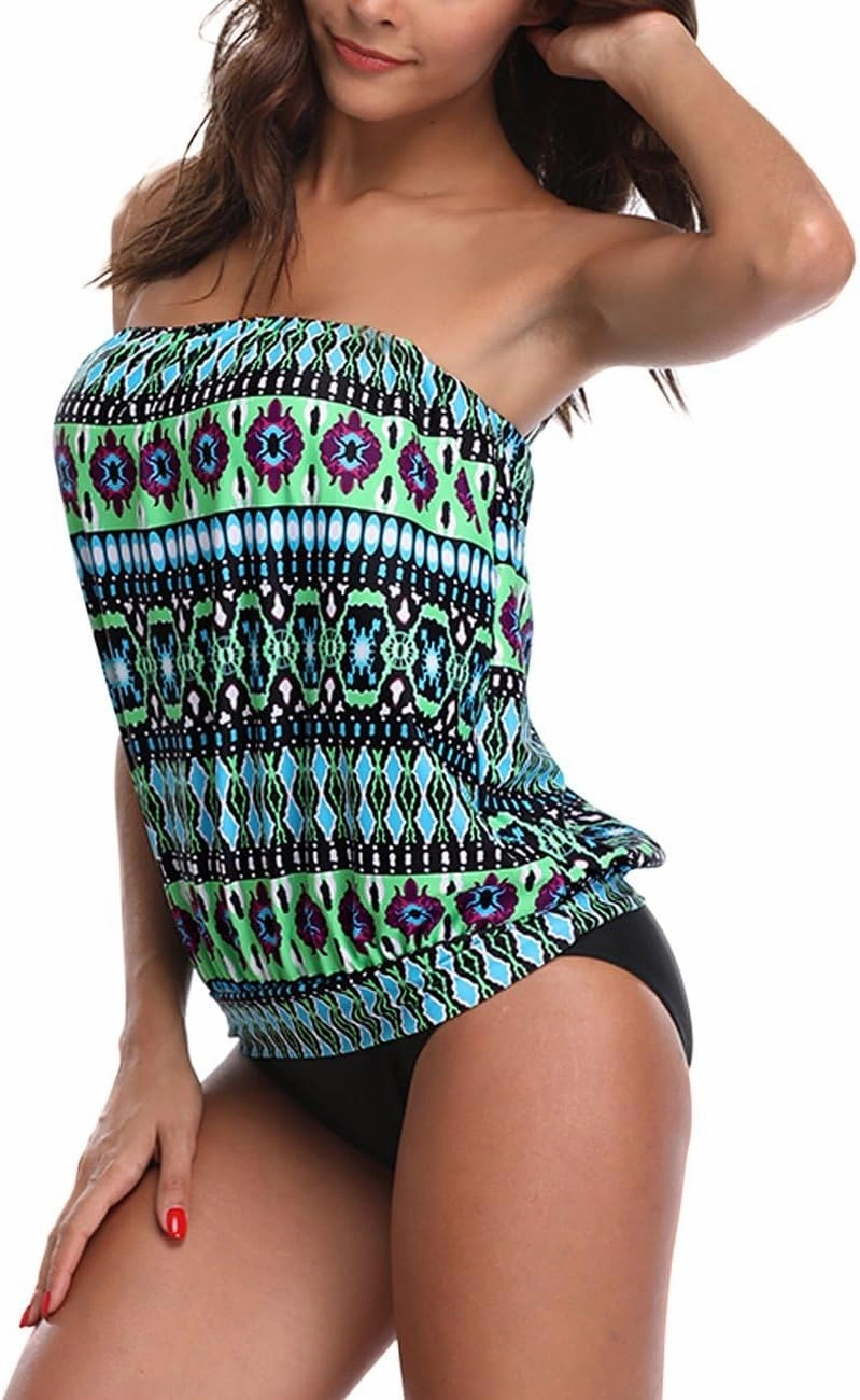 Two Piece Bandeau Tankini Swimsuits for Women Loose Blouson Swim Top with Bikini Bottom Tummy Control Bathing Suits