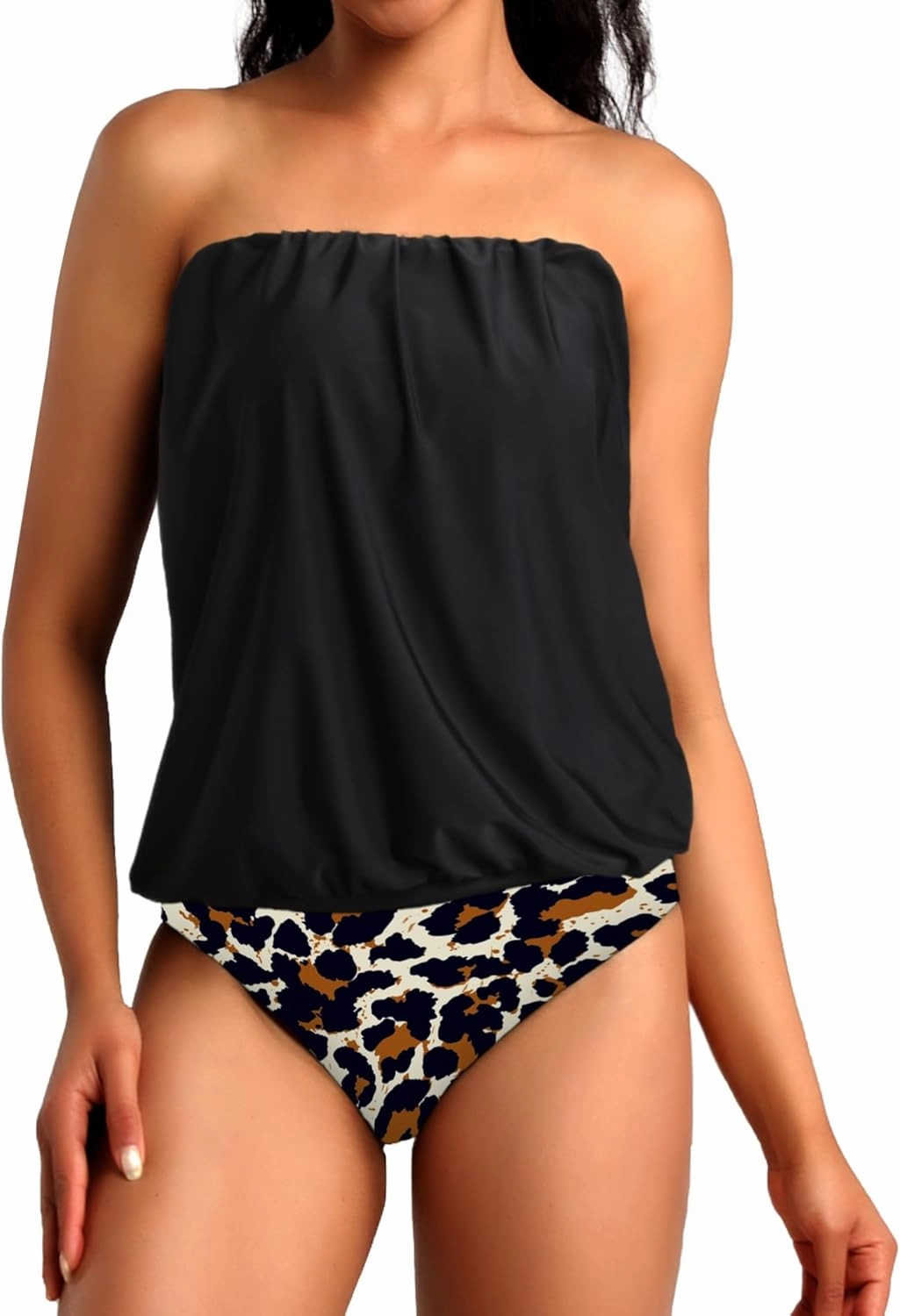 Two Piece Bandeau Tankini Swimsuits for Women Loose Blouson Swim Top with Bikini Bottom Tummy Control Bathing Suits