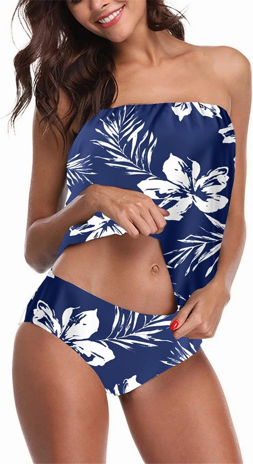 Two Piece Bandeau Tankini Swimsuits for Women Loose Blouson Swim Top with Bikini Bottom Tummy Control Bathing Suits