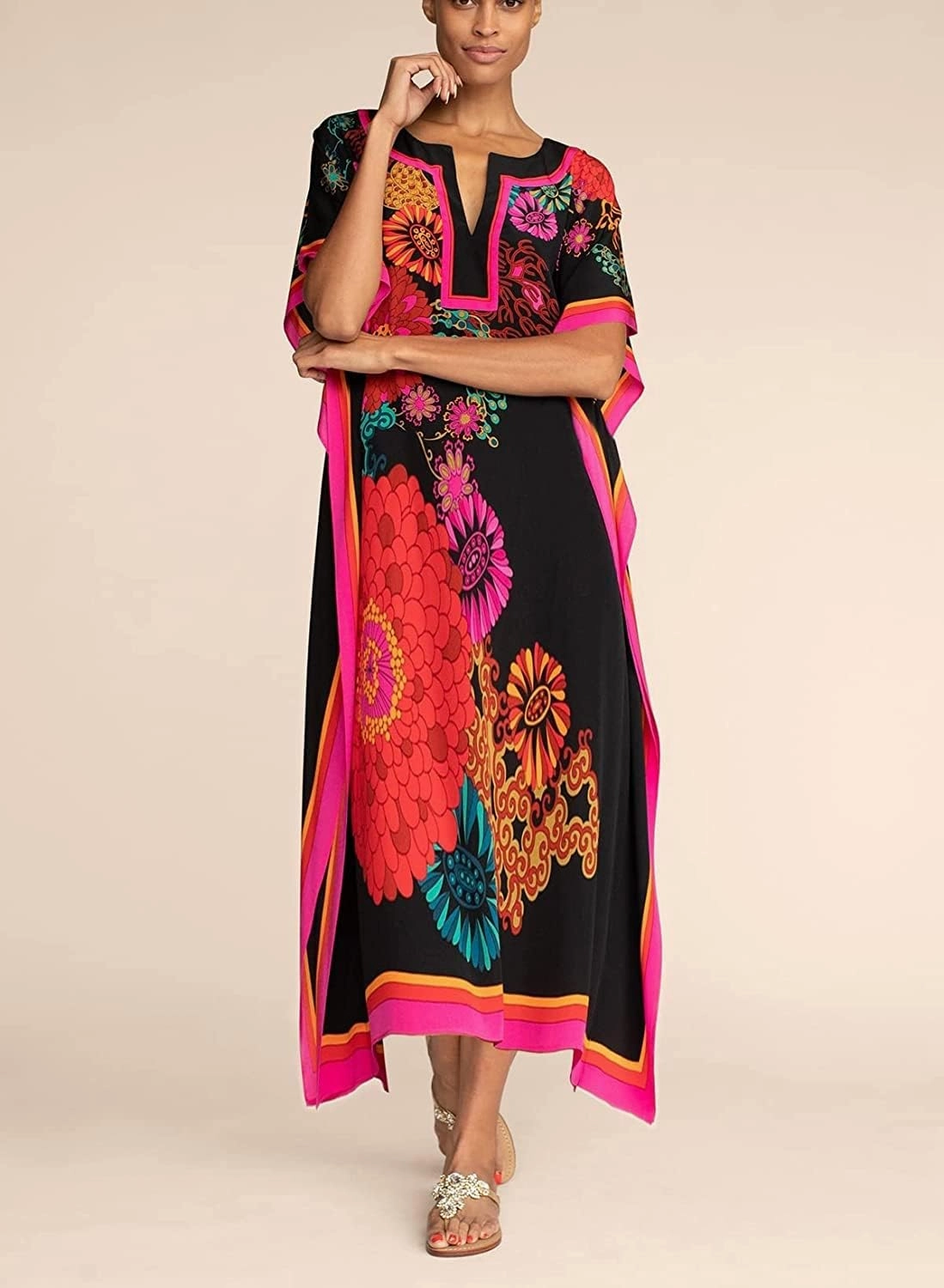 Venasha Womens Caftan Floral Print Kaftan Dress Short Sleeve Swimsuit Cover up Loungewear for Summer