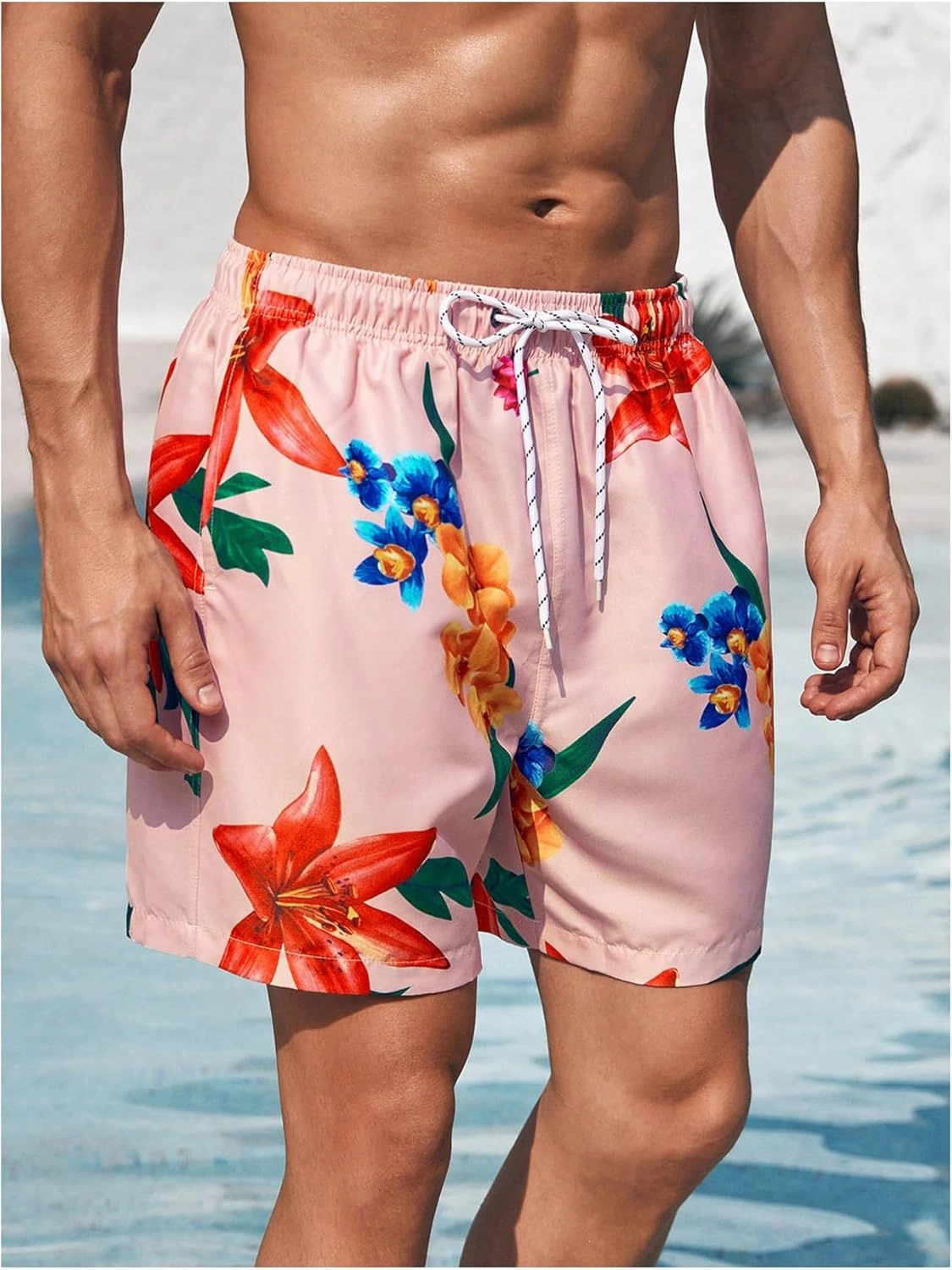 Verdusa Men's Colorblock Elastic Drawstring Waist Swim Trunks Summer Beach Board Shorts with Pockets