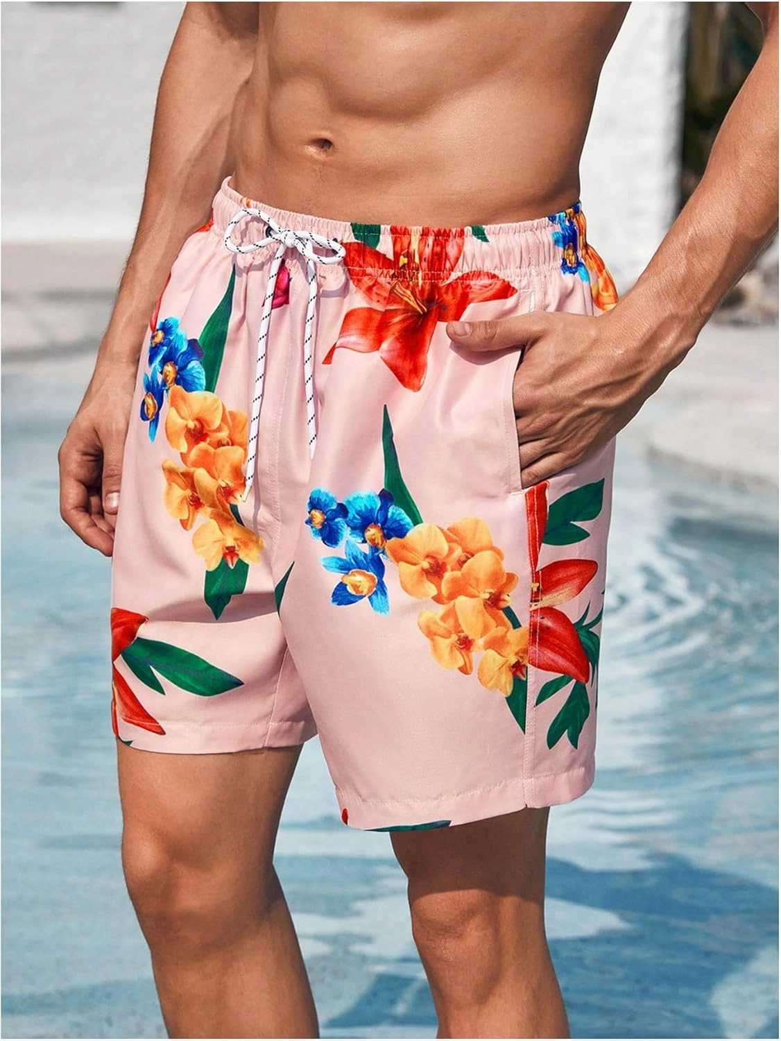 Verdusa Men's Colorblock Elastic Drawstring Waist Swim Trunks Summer Beach Board Shorts with Pockets