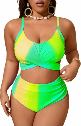 Verdusa Women's Plus Size 2 Piece Colorblock Ombre Bikini Set Cross Front Ruched Tie Back Swimsuit