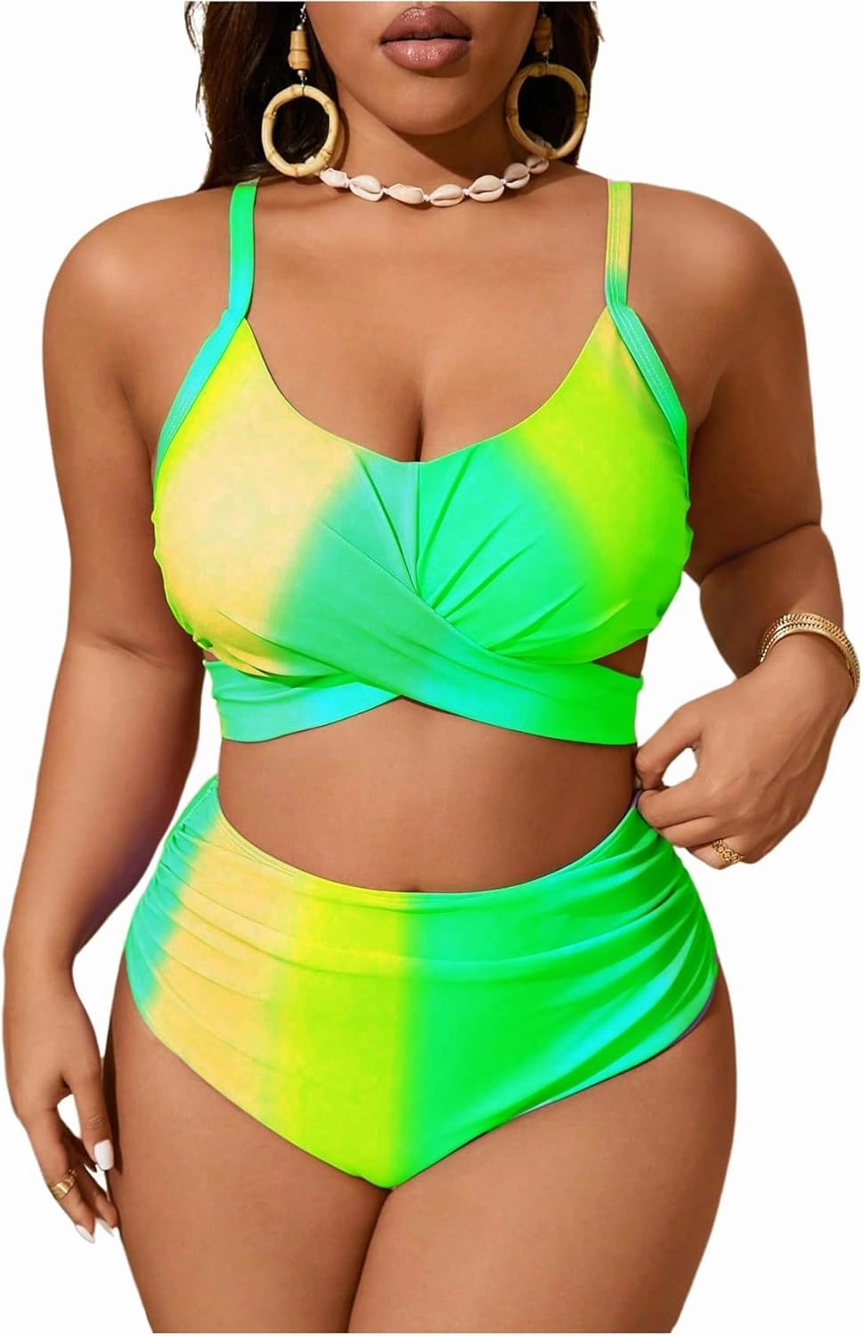 Verdusa Women's Plus Size 2 Piece Colorblock Ombre Bikini Set Cross Front Ruched Tie Back Swimsuit
