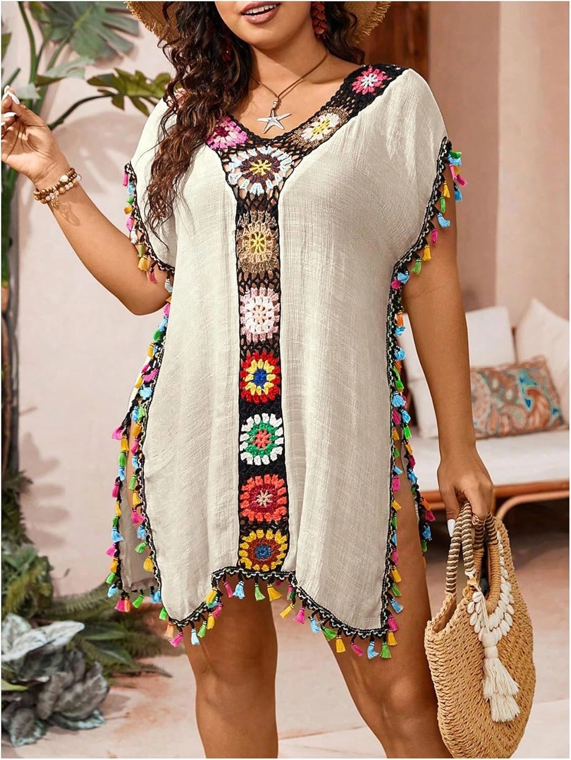 Verdusa Women's Plus Size Boho Tassel Hobo Beach Cover Ups Swimsuit 70s V Neck Short Sleeve
