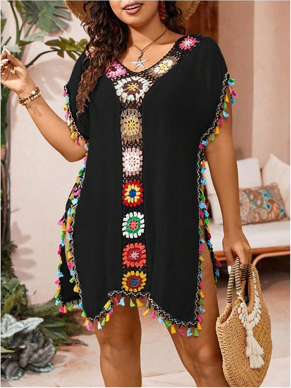 Verdusa Women's Plus Size Boho Tassel Hobo Beach Cover Ups Swimsuit 70s V Neck Short Sleeve