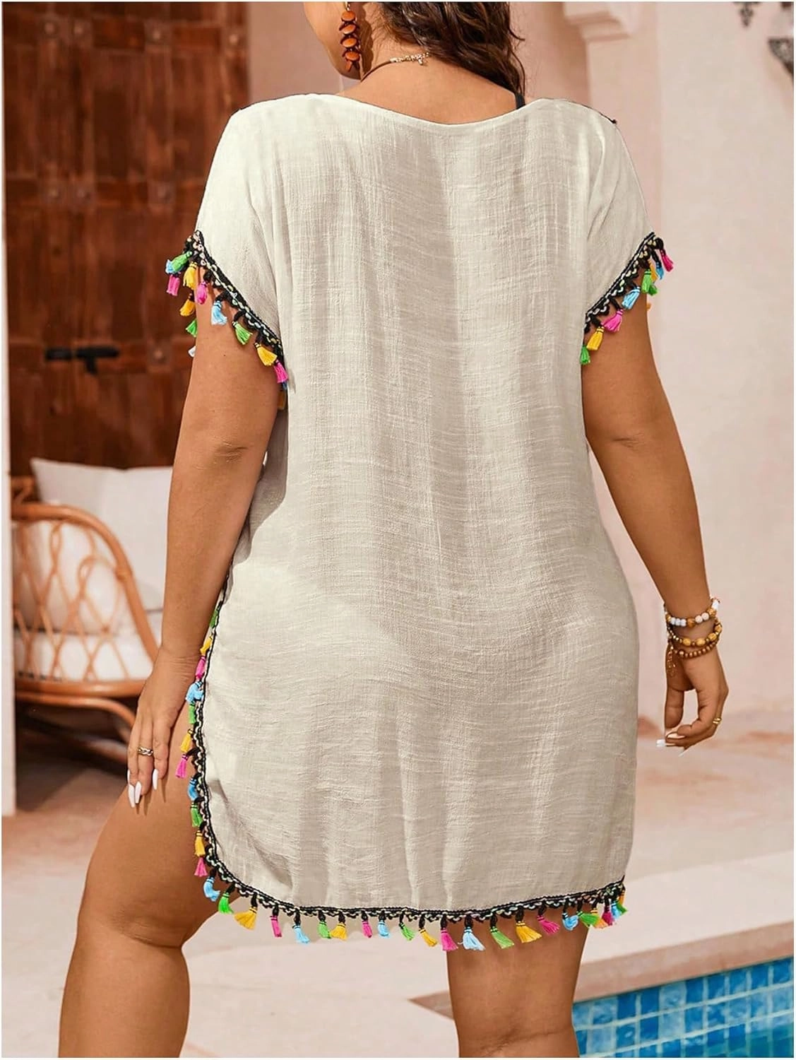 Verdusa Women's Plus Size Boho Tassel Hobo Beach Cover Ups Swimsuit 70s V Neck Short Sleeve