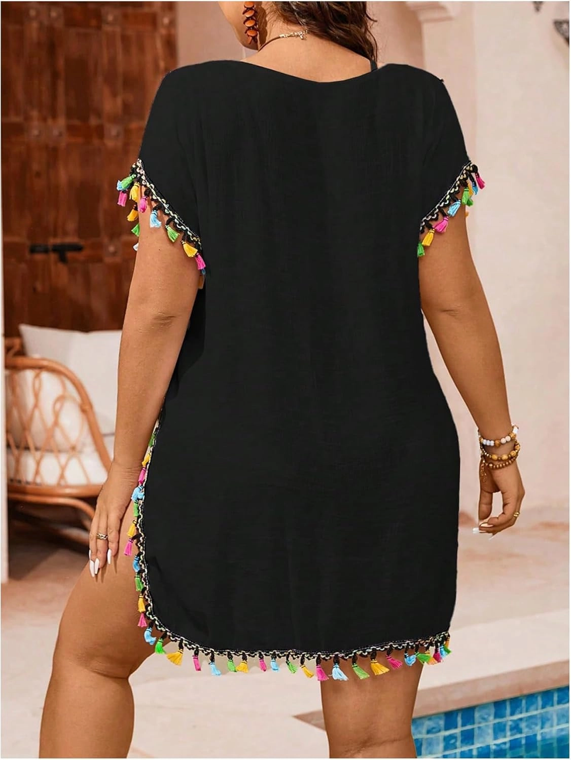 Verdusa Women's Plus Size Boho Tassel Hobo Beach Cover Ups Swimsuit 70s V Neck Short Sleeve