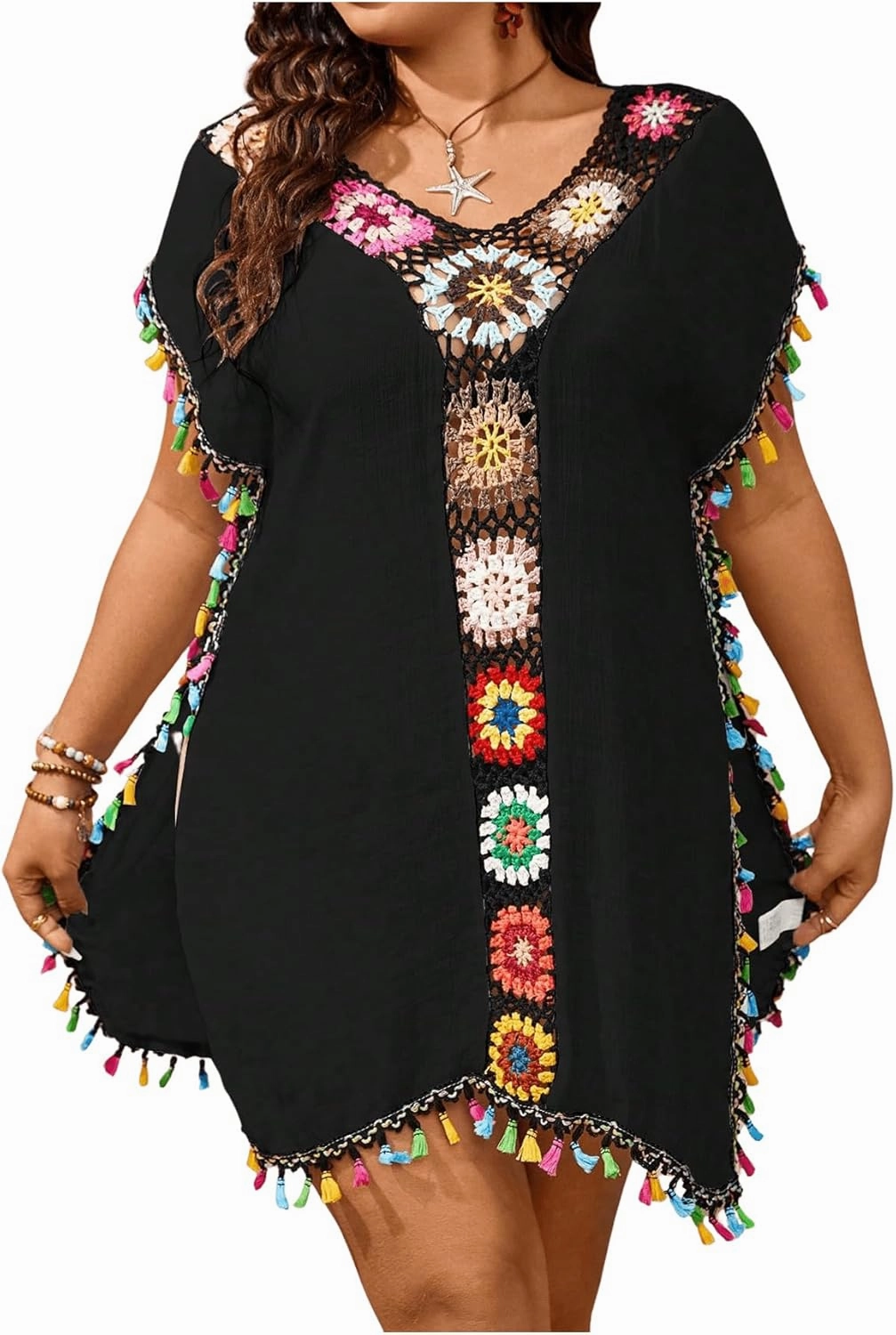Verdusa Women's Plus Size Boho Tassel Hobo Beach Cover Ups Swimsuit 70s V Neck Short Sleeve