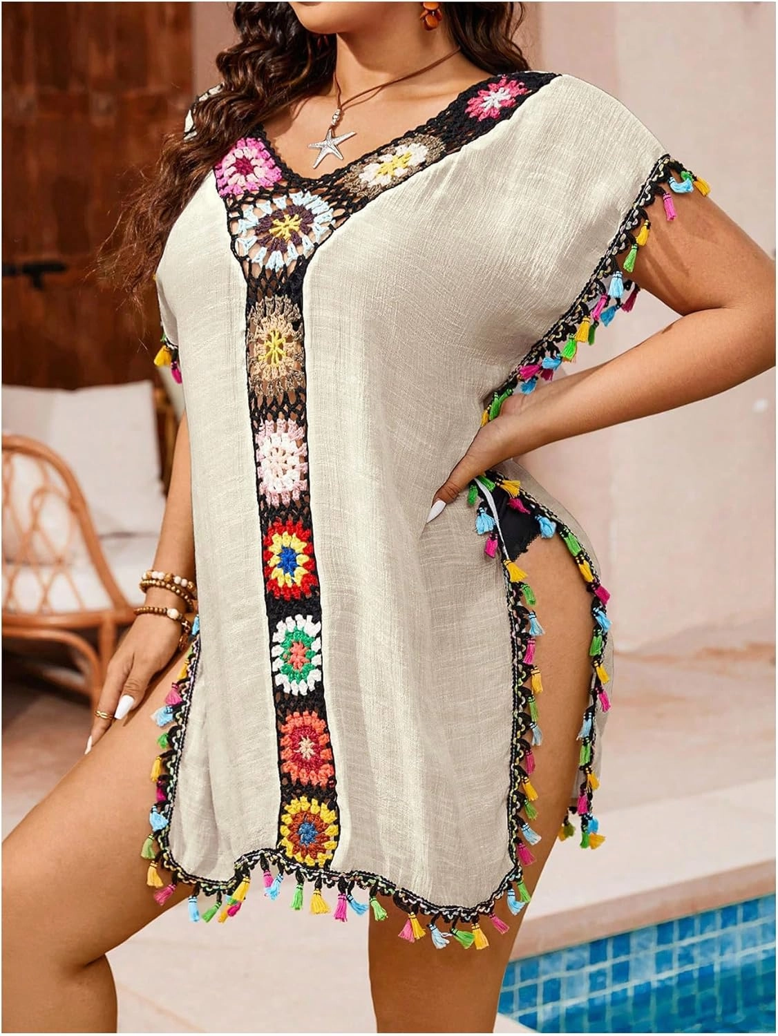 Verdusa Women's Plus Size Boho Tassel Hobo Beach Cover Ups Swimsuit 70s V Neck Short Sleeve