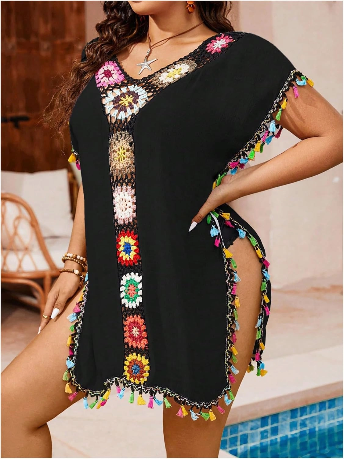 Verdusa Women's Plus Size Boho Tassel Hobo Beach Cover Ups Swimsuit 70s V Neck Short Sleeve