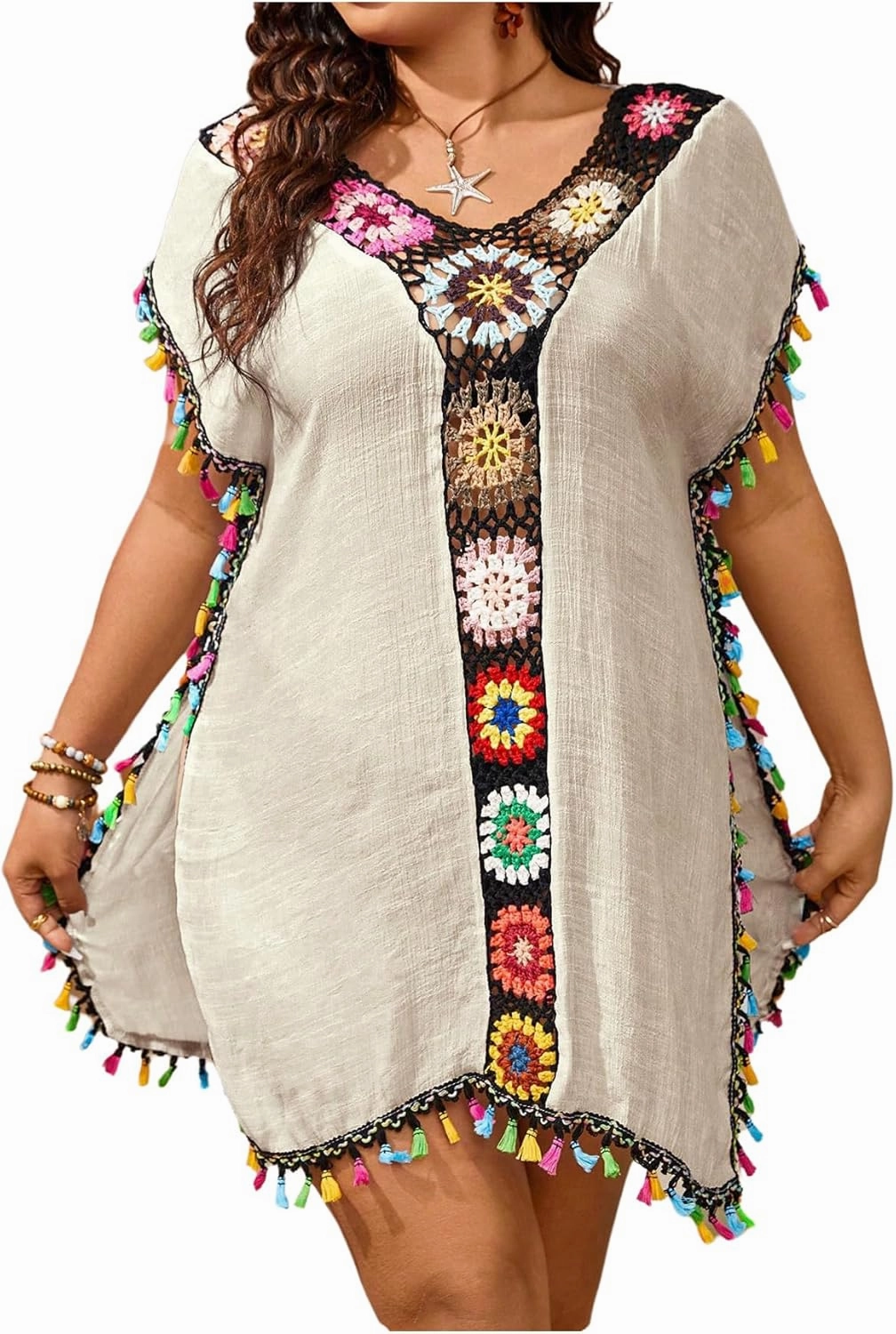 Verdusa Women's Plus Size Boho Tassel Hobo Beach Cover Ups Swimsuit 70s V Neck Short Sleeve