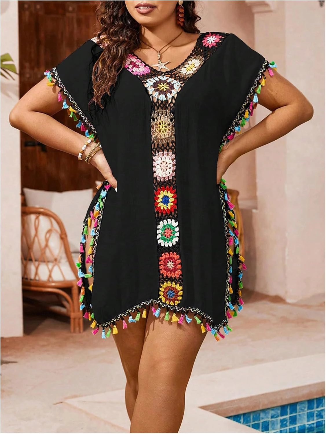 Verdusa Women's Plus Size Boho Tassel Hobo Beach Cover Ups Swimsuit 70s V Neck Short Sleeve