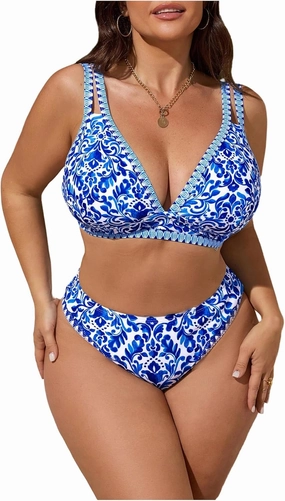 Verdusa Women's Plus Size Floral High Waisted Bikini Sets Double Strap Swimsuit
