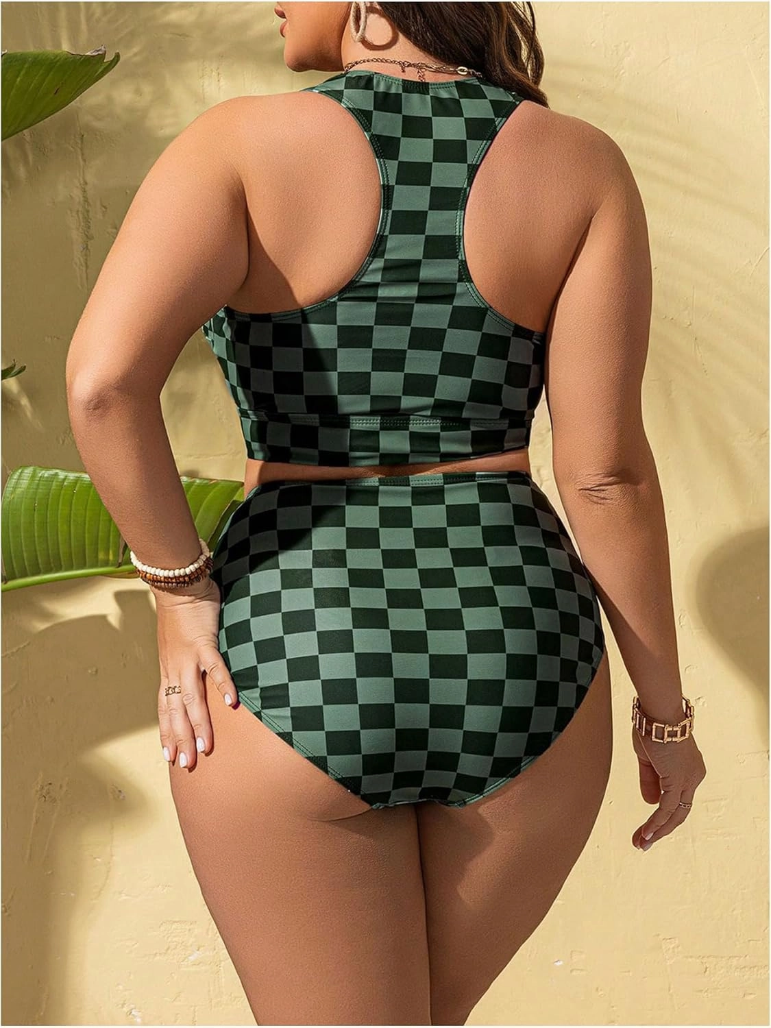 Verdusa Women's Plus Size Plaid Checkered Bikini Set Cut Out Bow Tie High Waisted Swimsuits