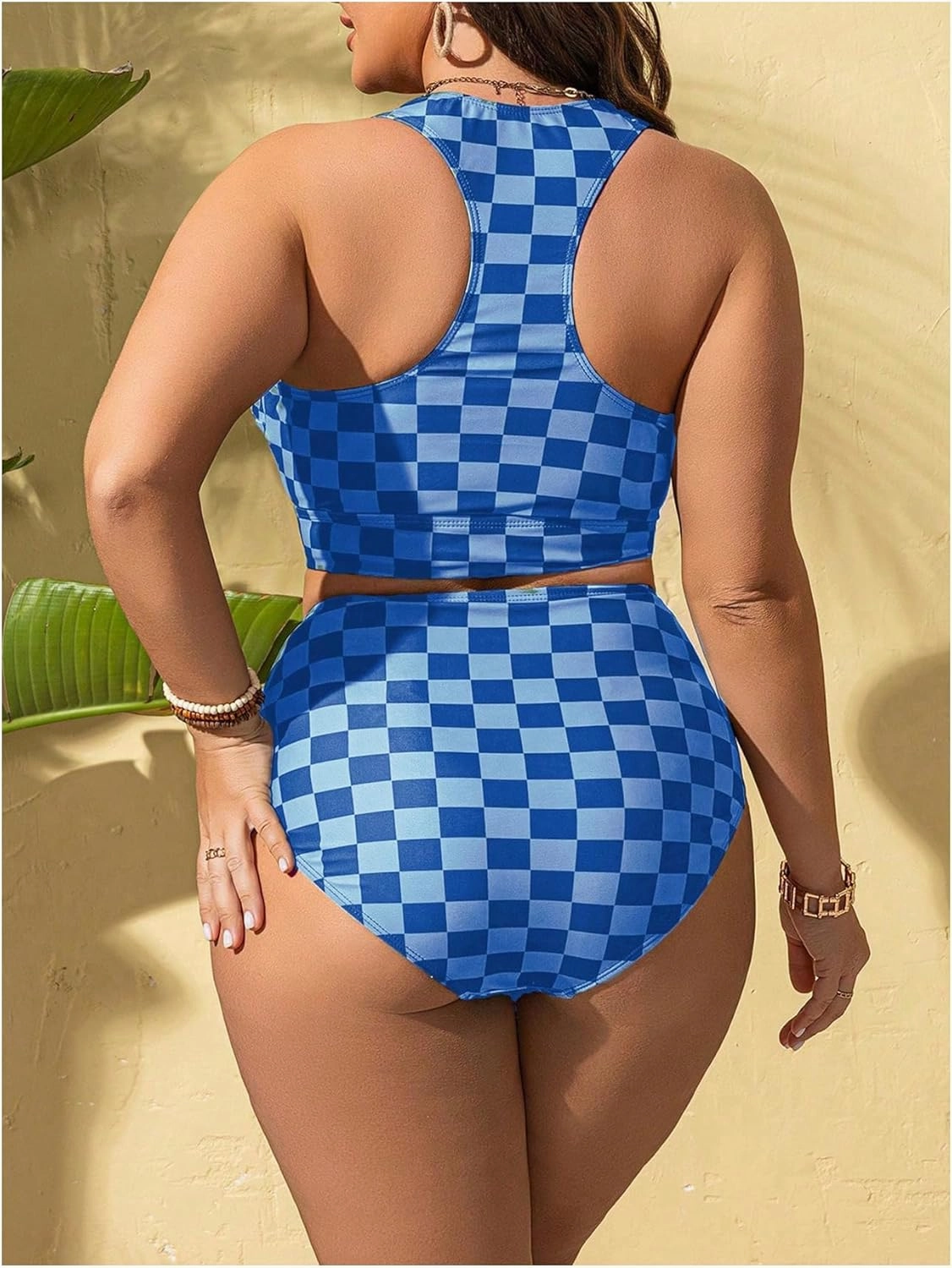 Verdusa Women's Plus Size Plaid Checkered Bikini Set Cut Out Bow Tie High Waisted Swimsuits