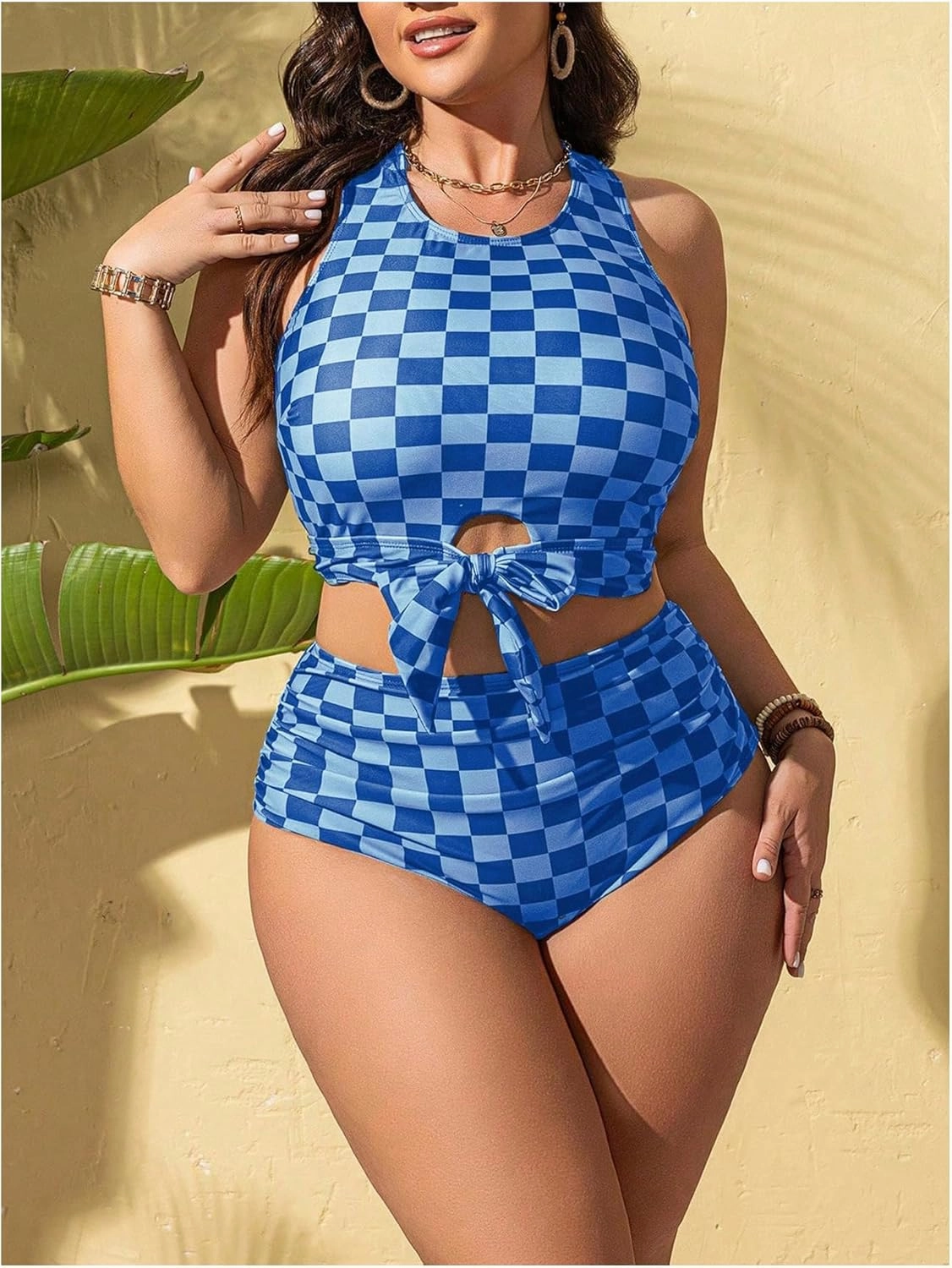 Verdusa Women's Plus Size Plaid Checkered Bikini Set Cut Out Bow Tie High Waisted Swimsuits