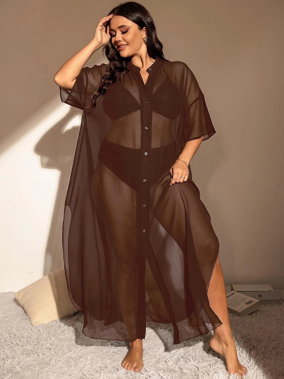 Verdusa Women's Plus Size Sheer Mesh Half Sleeve Loose Swimsuit Maxi Dress Cover Up