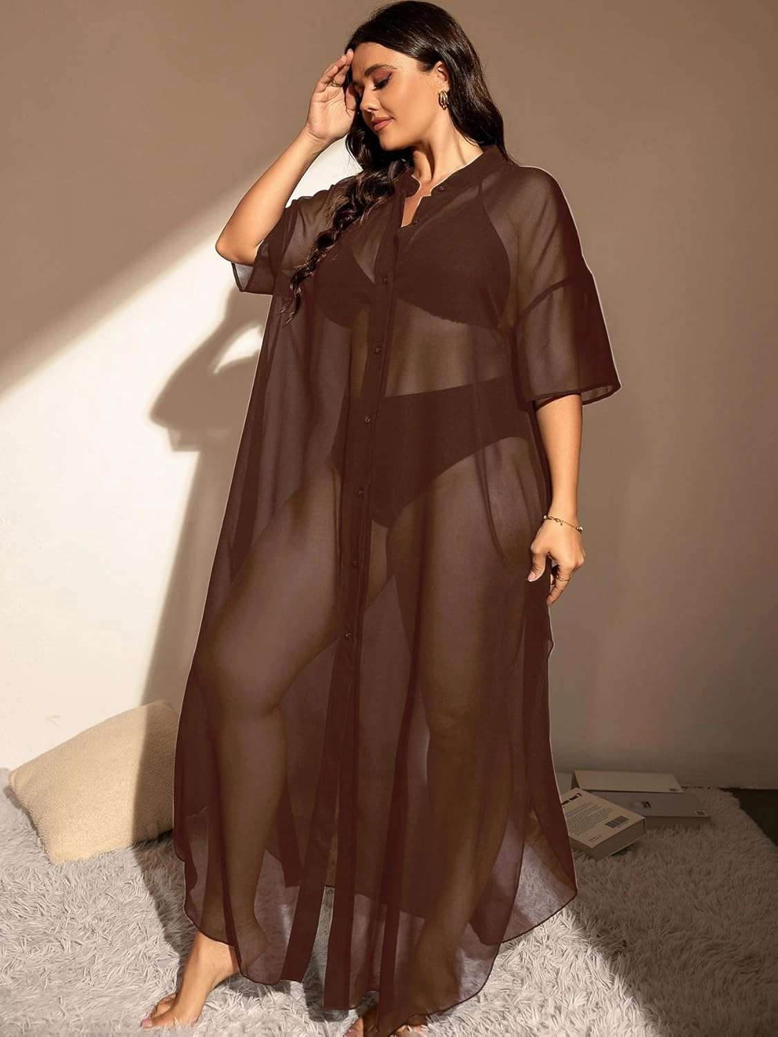 Verdusa Women's Plus Size Sheer Mesh Half Sleeve Loose Swimsuit Maxi Dress Cover Up