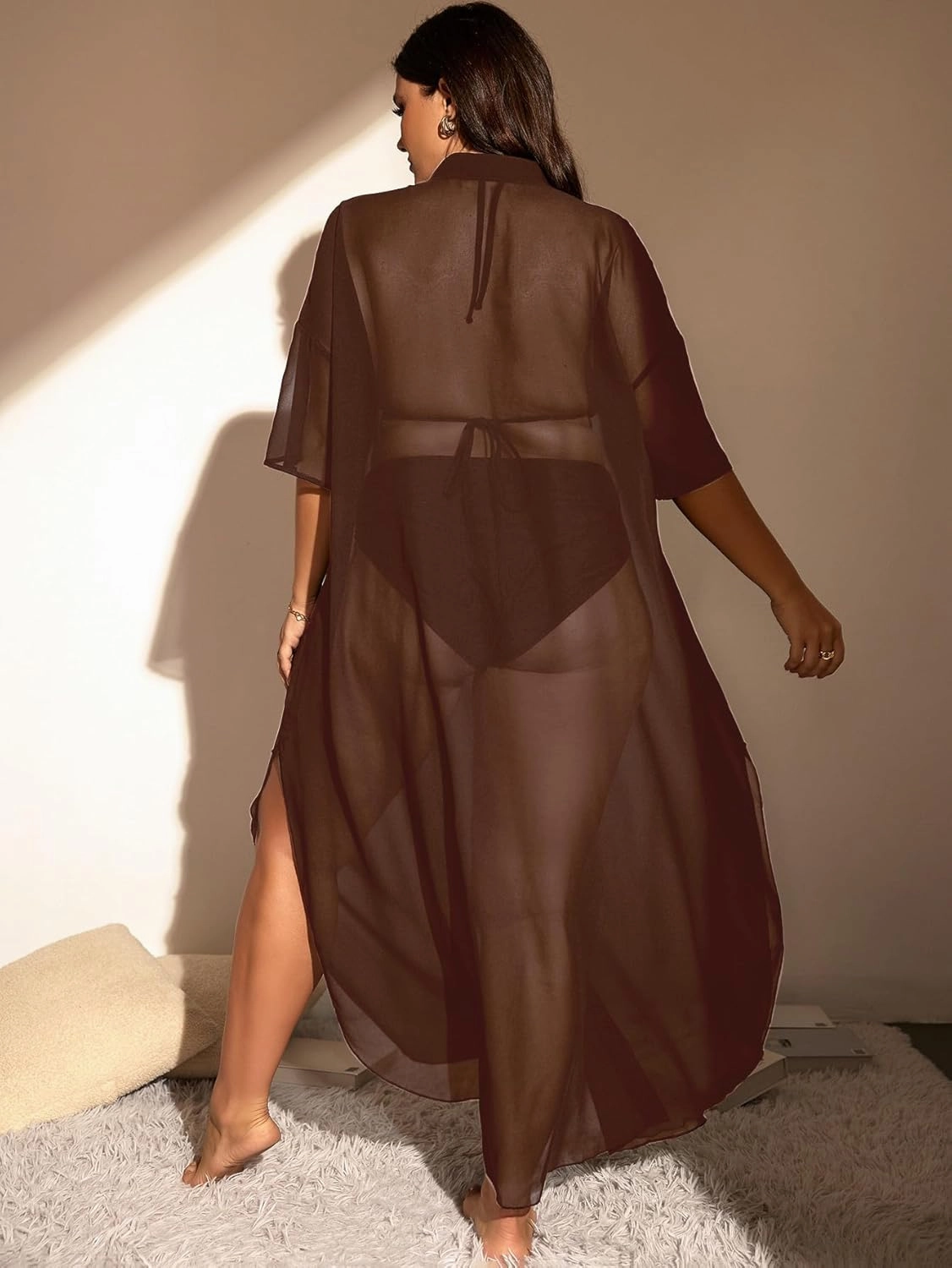 Verdusa Women's Plus Size Sheer Mesh Half Sleeve Loose Swimsuit Maxi Dress Cover Up