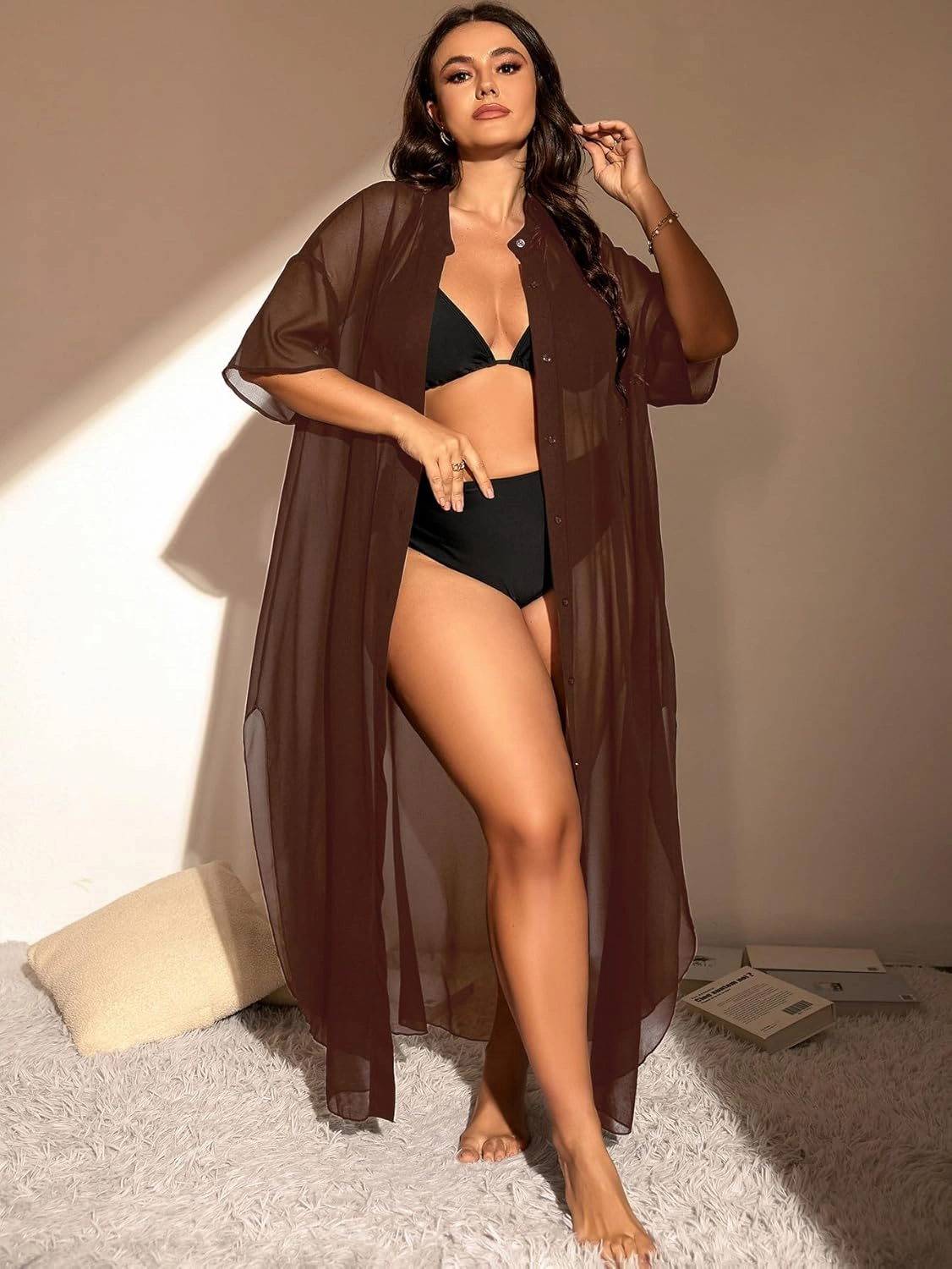 Verdusa Women's Plus Size Sheer Mesh Half Sleeve Loose Swimsuit Maxi Dress Cover Up