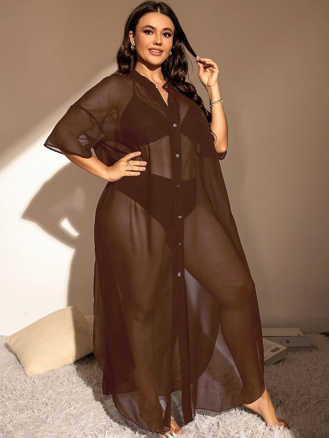 Verdusa Women's Plus Size Sheer Mesh Half Sleeve Loose Swimsuit Maxi Dress Cover Up