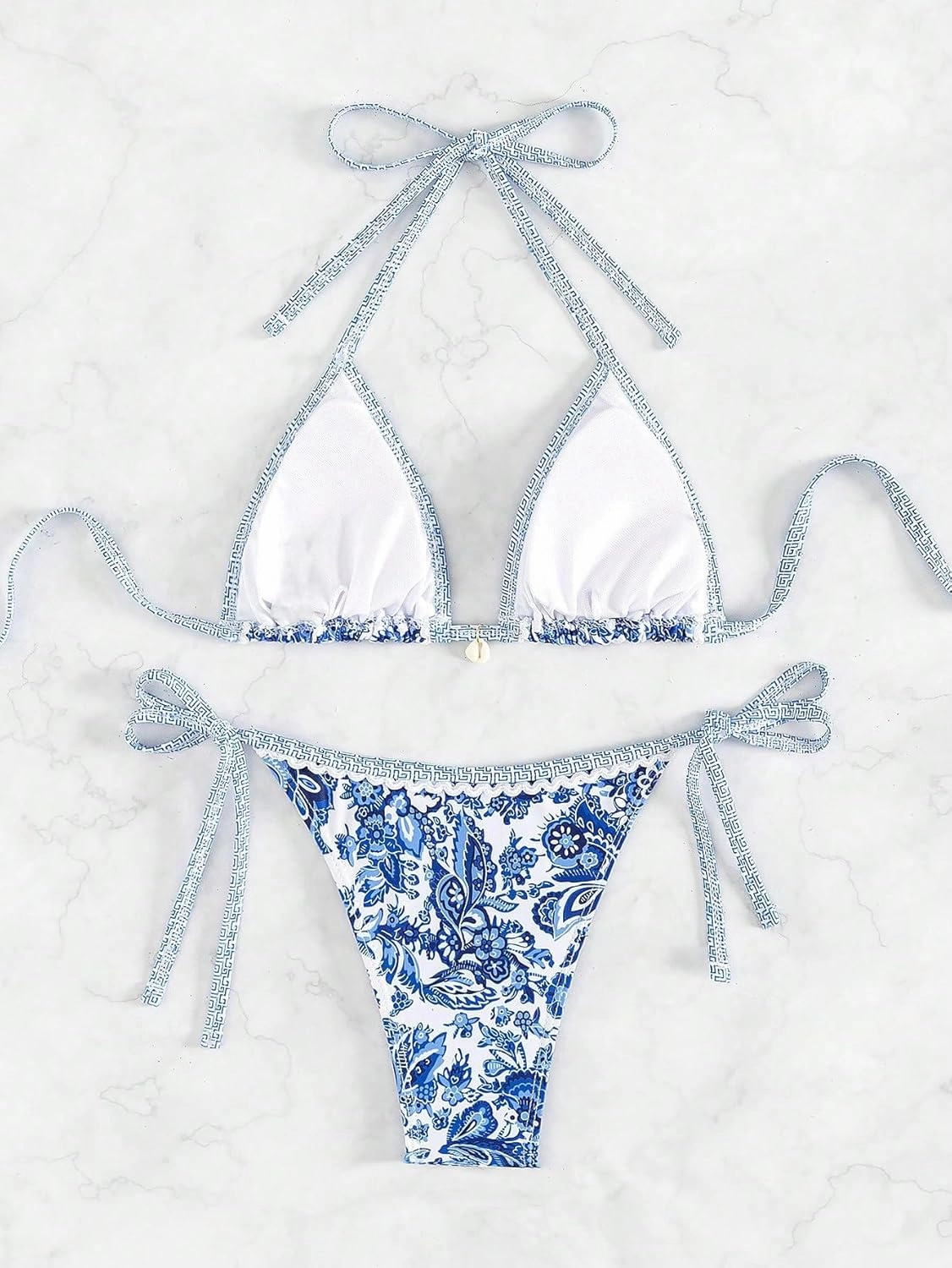 WDIRARA Women's 2 Piece Boho Swimsuits Floral Print Halter String Triangle Bikini Set Beach Bathing Suit