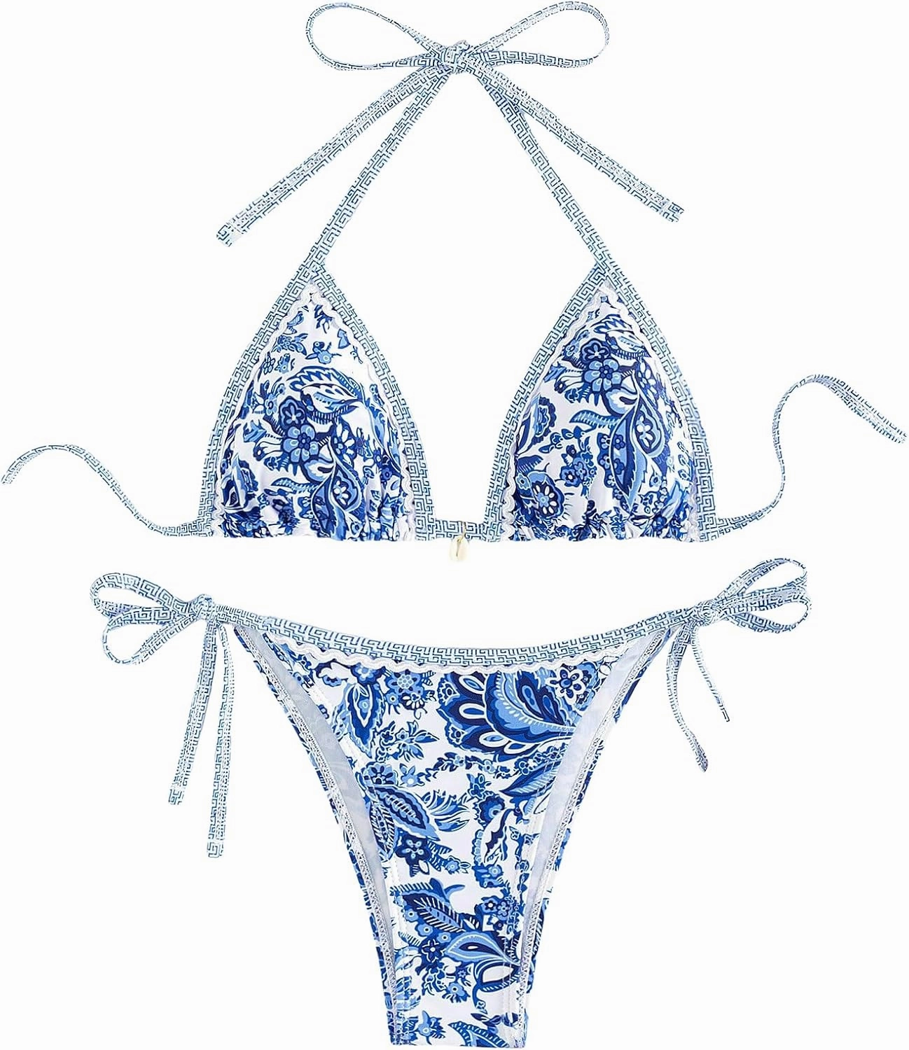 WDIRARA Women's 2 Piece Boho Swimsuits Floral Print Halter String Triangle Bikini Set Beach Bathing Suit