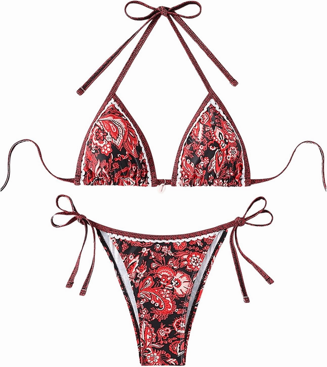 WDIRARA Women's 2 Piece Boho Swimsuits Floral Print Halter String Triangle Bikini Set Beach Bathing Suit