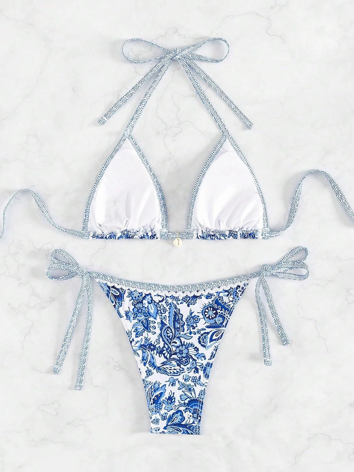 WDIRARA Women's 2 Piece Boho Swimsuits Floral Print Halter String Triangle Bikini Set Beach Bathing Suit