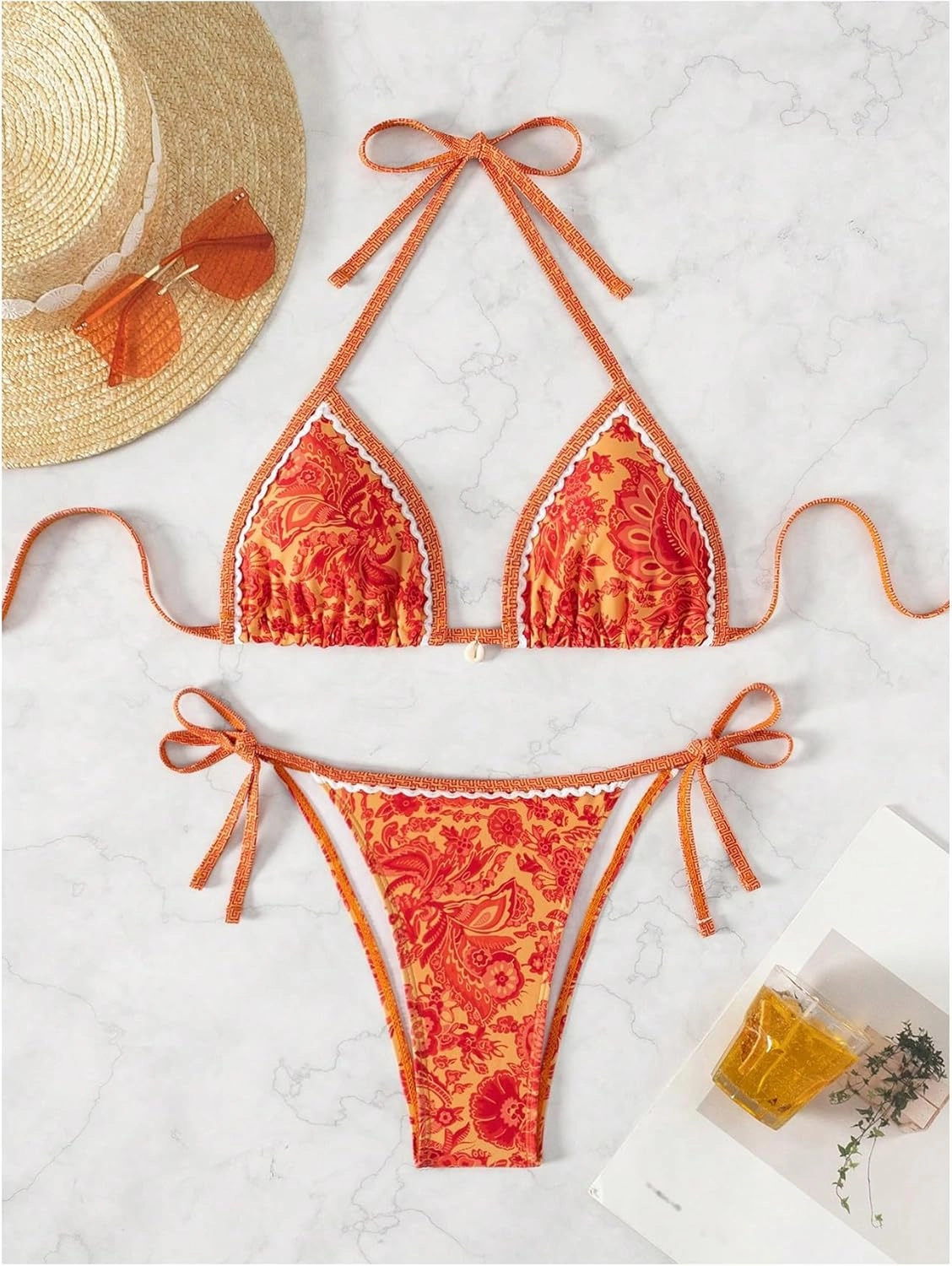 WDIRARA Women's 2 Piece Boho Swimsuits Floral Print Halter String Triangle Bikini Set Beach Bathing Suit