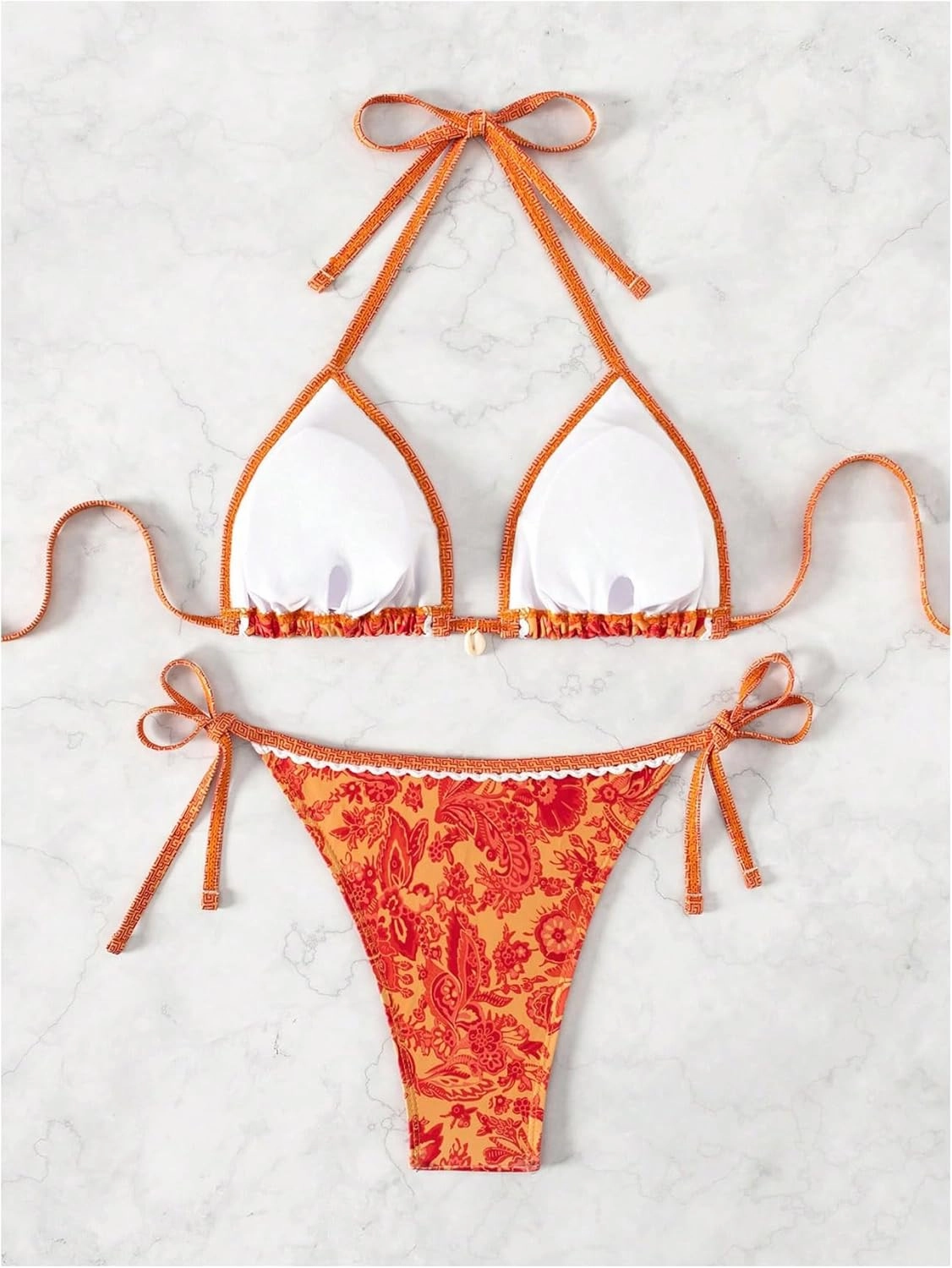 WDIRARA Women's 2 Piece Boho Swimsuits Floral Print Halter String Triangle Bikini Set Beach Bathing Suit