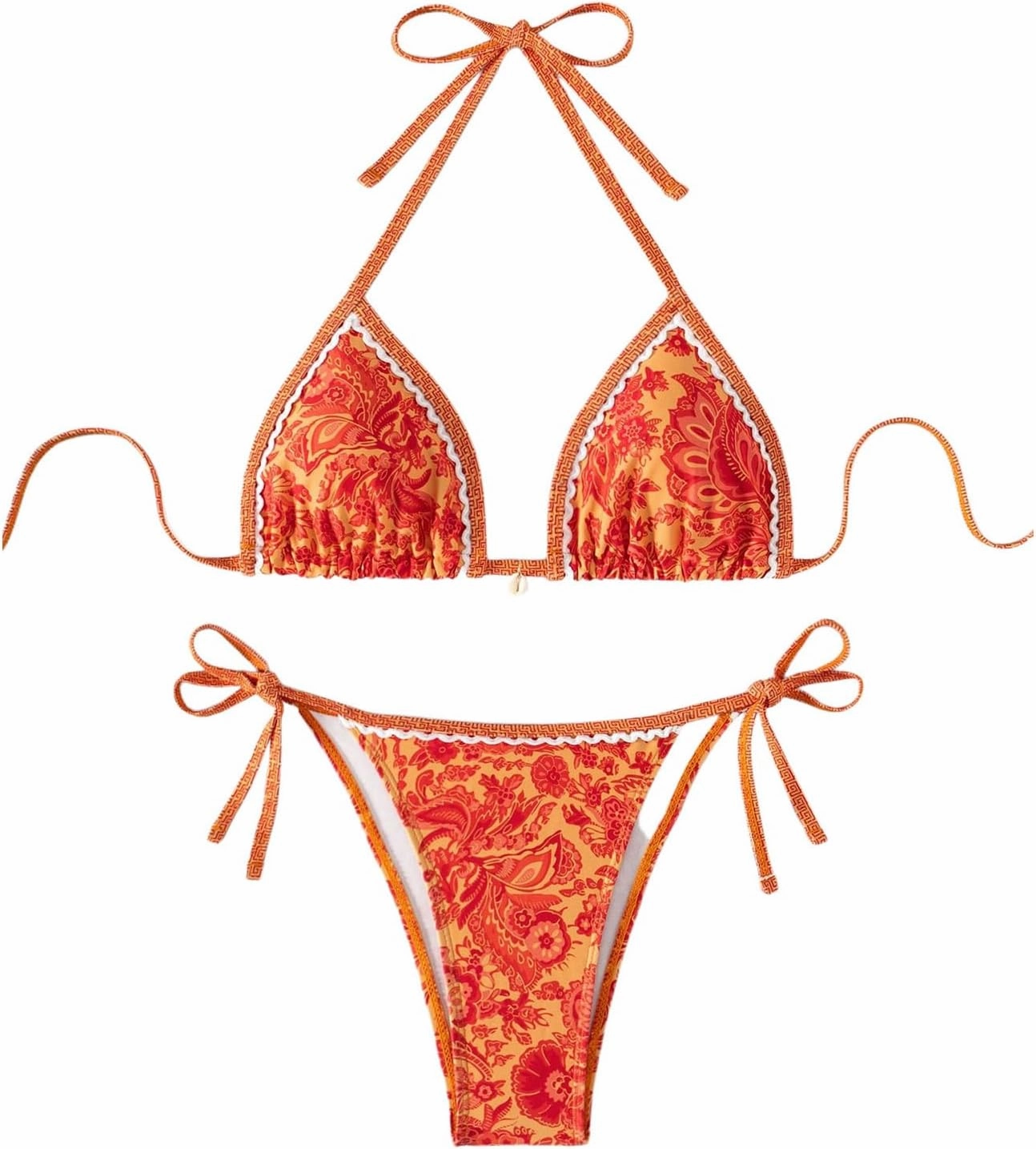 WDIRARA Women's 2 Piece Boho Swimsuits Floral Print Halter String Triangle Bikini Set Beach Bathing Suit