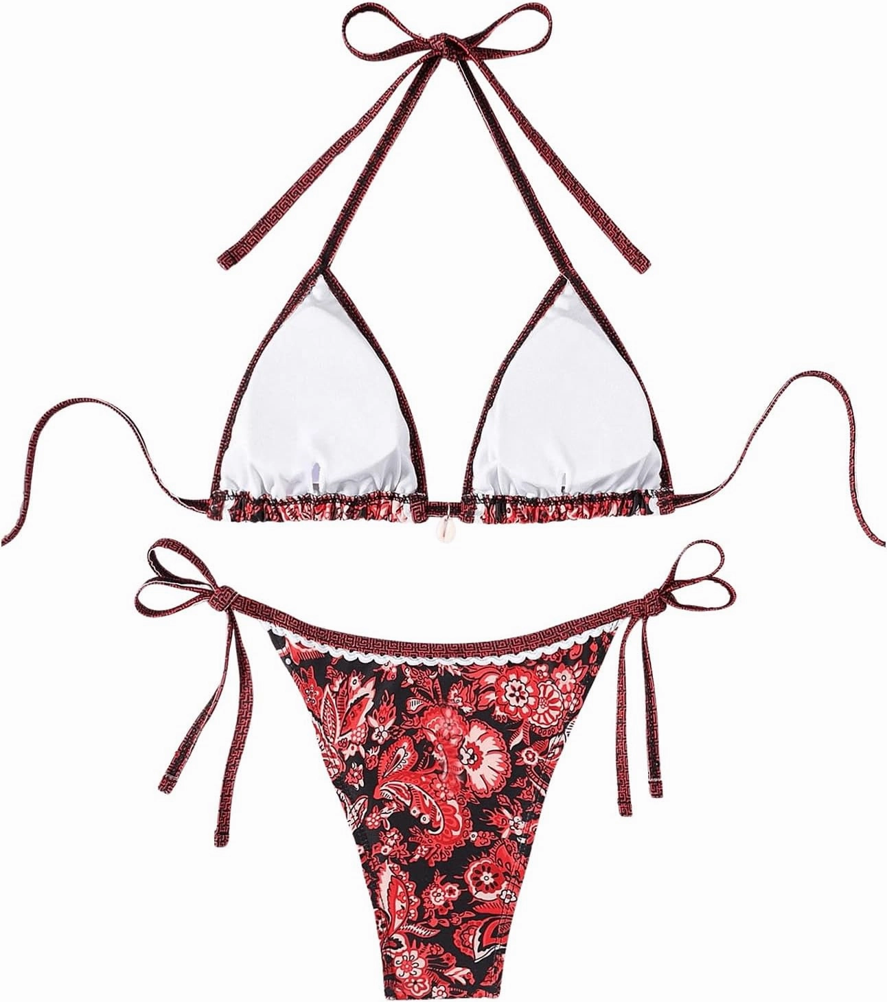 WDIRARA Women's 2 Piece Boho Swimsuits Floral Print Halter String Triangle Bikini Set Beach Bathing Suit