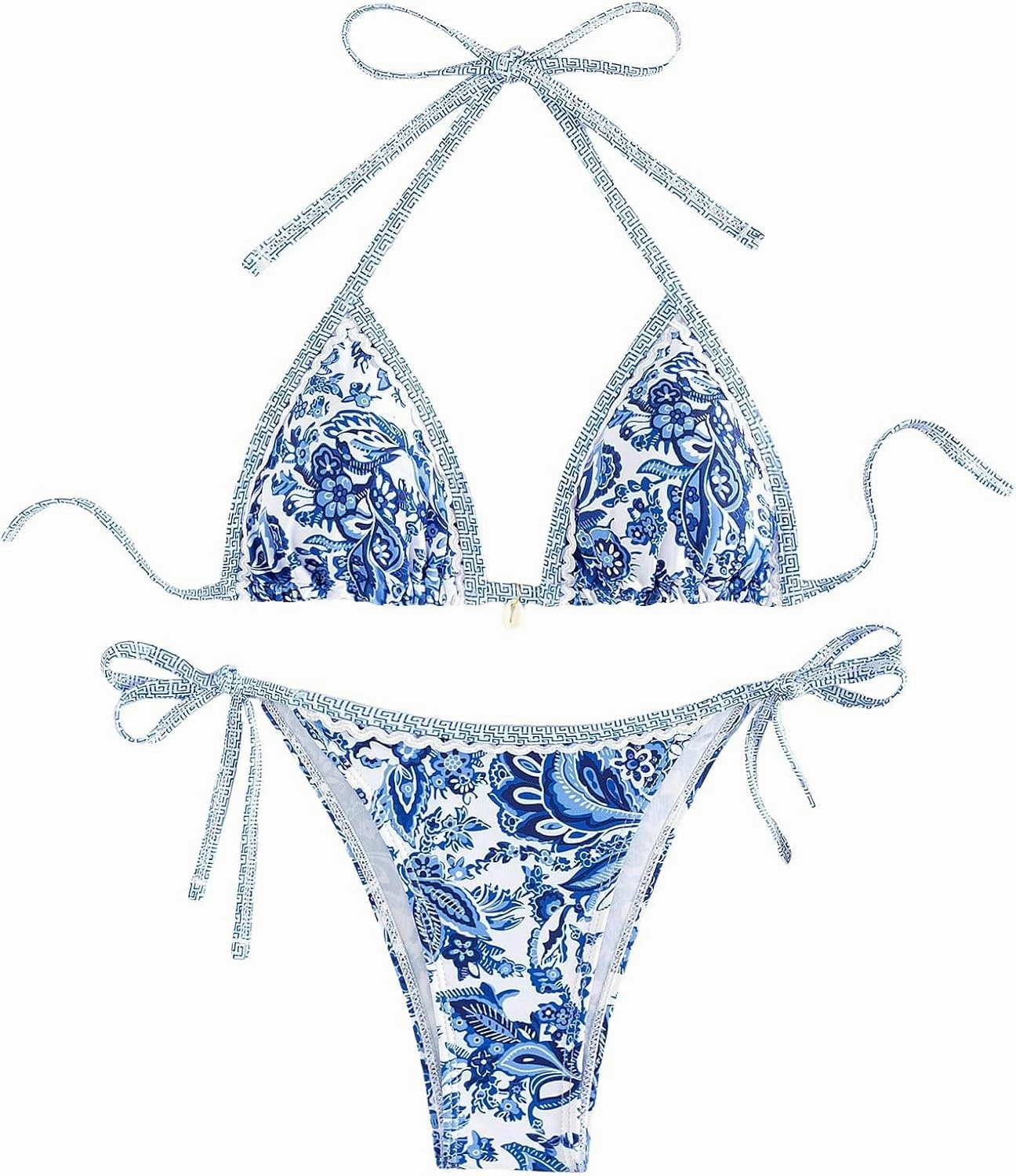 WDIRARA Women's 2 Piece Boho Swimsuits Floral Print Halter String Triangle Bikini Set Beach Bathing Suit
