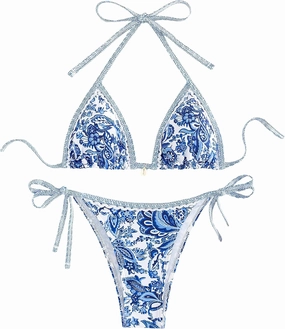 WDIRARA Women's 2 Piece Boho Swimsuits Floral Print Halter String Triangle Bikini Set Beach Bathing Suit
