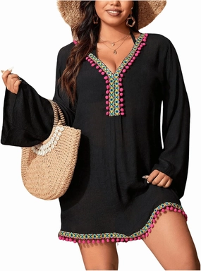 WDIRARA Women's Plus Size Boho Half Sleeve Cover Up V Neck Swimsuit Bikini Beach Dress
