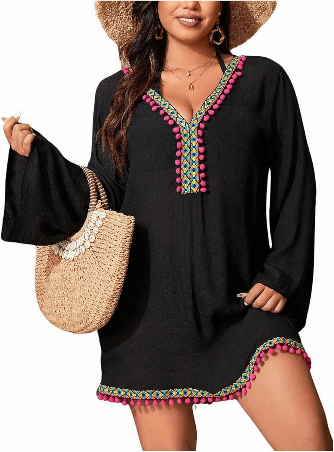 WDIRARA Women's Plus Size Boho Half Sleeve Cover Up V Neck Swimsuit Bikini Beach Dress